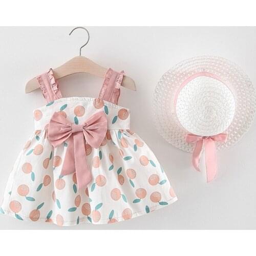 2020 New Hot Sale Newborn Kids Baby Girls Cotton Strap Dot Flower Party Tutu Dress Sundress 2Pcs Buy 1 Get 1 Straw Hat