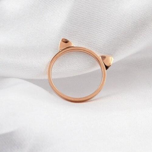Pink gold color cute cat ears rings for women finger jewelry, fashion stainless steel ring femme bijoux accessories
