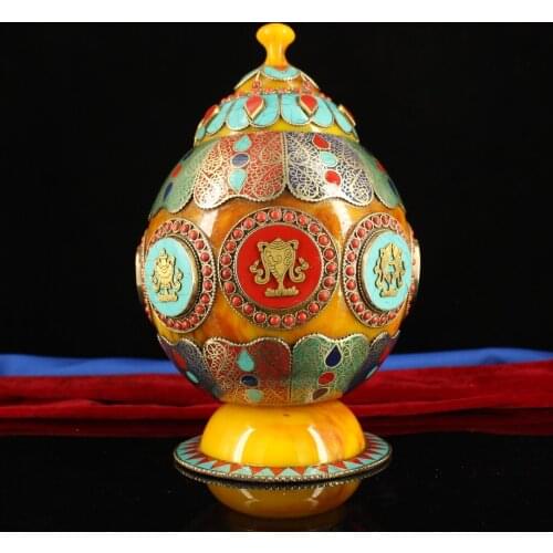 11"Nepal temple collection Old Beeswax mosaic Gem Relic jar eight treasures stupa Duobao Can Enshrine the Buddha Town House Exor