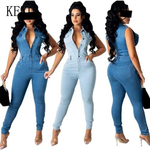 KEXU Cowboy Jumpsuits Single Breasted Turn Down Collar Off Shoulder Sleeveless Pockets Hollow Out Sexy Casual Party Club Wear