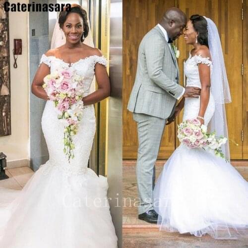 Lace Off-the-shoulder Mermaid Wedding Dress Zipper Tulle Trumpet Bridal Gown Custom Made