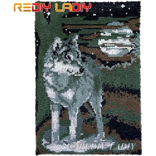 Latch Hook Kits Night Wolf Alone Chunky Yarn Embroidery Crocheting Tapestry Kits Needlework Arts & Crafts DIY Carpet Rug 58*84cm