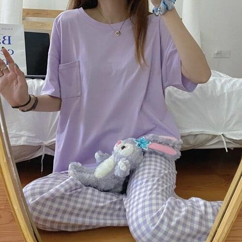 Summer Women Sleepwear Sweet Girls Short Sleeves Round Neck T Plaid Trousers Casual Pajamas Korean Ladies Homewear Suit