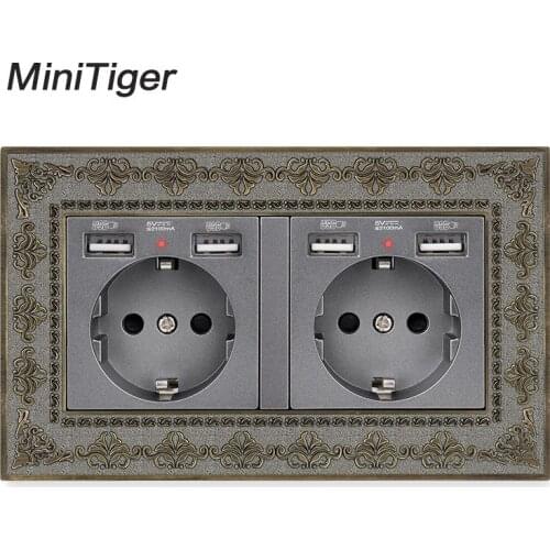 Minitiger 2 Gang Russia Spain EU Standard Wall Socket With 4 USB Charge Port Hidden Soft LED Indicator Vintage Zinc Alloy Frame