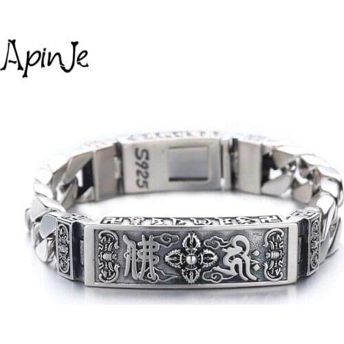 Apinje Vajra Bracelet Men S925 Sterling Silver Vintage Bracelet Personality Six Words Mantra Men Jewelry