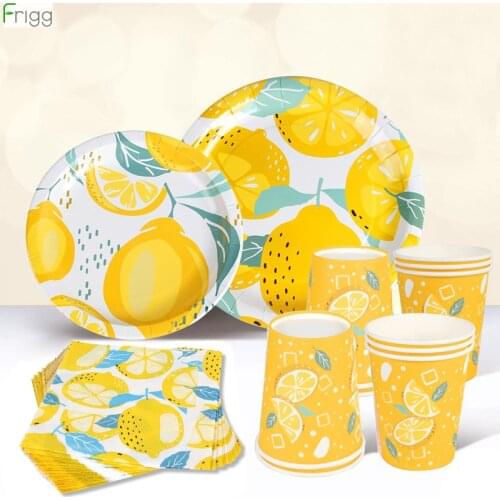 Frigg Yellow Green Lemon Disposable Tableware Set Paper Plate Cup Napkin Birthday Party Decorations Kids Lemon Party Supplies