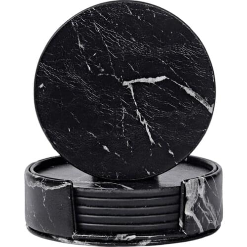HOT SALE Coasters for Drinks 6-Piece with Holder,Marble Black Round Cup Mat Pad Set Of Home and Kitchen Use