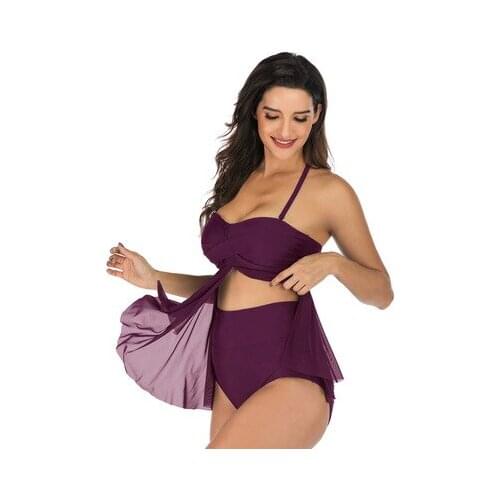 New large size swimsuit solid color bikini hanging neck pregnant swimsuit female conservative high waist split maternity swimsui