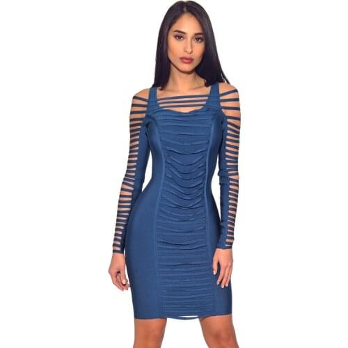 Slim Cut Out Caged Blue Strap Long Sleeve Bodycon Solid Tassel Bandage Mini Dress