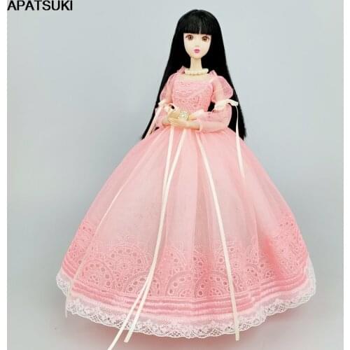 Handmade Pink Princess Dress For Barbie Doll Clothes Outfits 1/6 Dolls Accessories Puff Sleeve Long Bowknot Party Gown Kids Toys