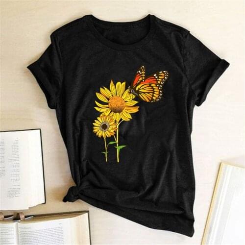 Harajuku Casual Tops Graphic T Shirts Clothes Sun Flower Butterfly Print Funny Women Kawaii Short Sleeve Summer Loose T Shirt