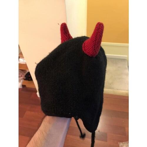 Knit Beanie Hat Women Handmade Horn EarFlap Hanging Triangle Winter Hat for lady girls costume party Halloween Gifts