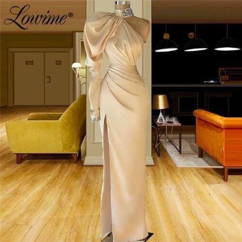 Robe De Soiree One Shoulder Champagne Evening Dresses Long Mermaid Formal Dubai Kaftans Crystals Plus Size Prom Party Gowns Robe