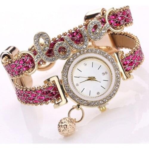 Women Bracelet Watches Ladies Love Leather Strap Rhinestone Quartz Wrist Watch A66