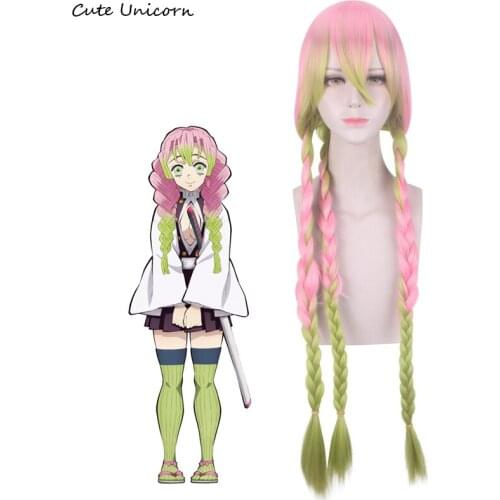 Demon Slayer Kimetsu no Yaiba Kanroji Mitsuri Cosplay Wig women 100cm Long Pink Mix Green Braid Synthetic Fake Hair anime Wigs