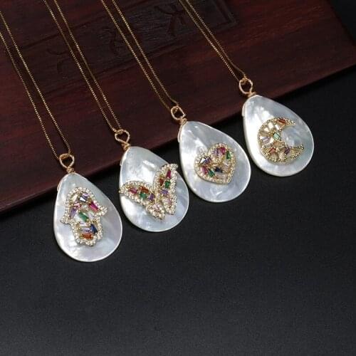 Rainbow Elegant Gold Micro Pave CZ Paved Butterfly charm natural White Water Drop Tear Drop Shell Pendant Choker Necklace Women