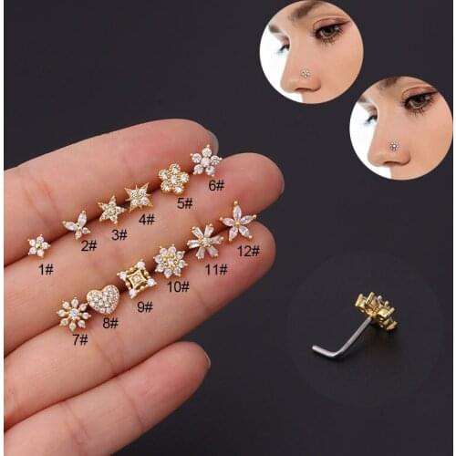 1Pc 20G Stainless Steel CZ Bone Nose Stud Piercing for Women Flower Heart Star L Shape Nose Ring Stud Nose Body Piering Jewelry