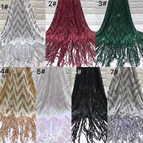 2019 Latest Nigerian Laces Fabrics High Quality Sequined African Laces Fabric For Wedding Dress French Tulle Lace With Tassel