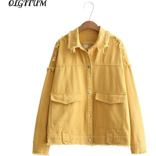 2019 Autumn New Jacket Coat Yellow Behind Letter Embroidered Student Outerwear Women Fashion Loose pocket Jacket Tops 2 colors