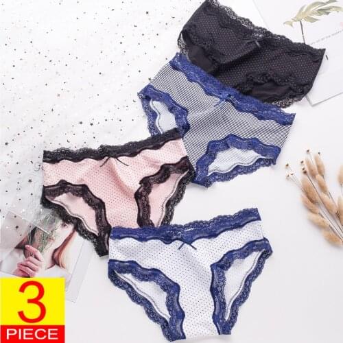 3PCS Cotton Underwear Womens Panties Set Comfort Underpants Floral Lace Briefs For Woman Sexy Low-Rise Pantys Intimates