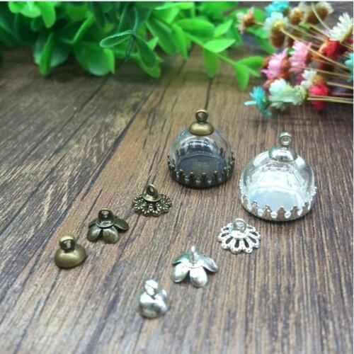 5sets/lot 15mm half round glass globe dome antique bronze crown base cap finding set glass vial pendant DIY charm necklace