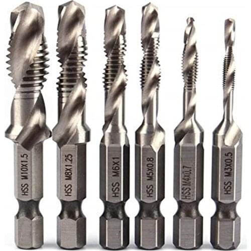 6pcs M3-M10 Screw Tap Drill Bits Hss Taps Countersink Deburr Set Metric Combination Bit High Speed Steel 1/4 IN Quick Change Hex