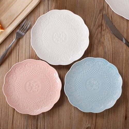 Modern Style Elegant Bone China Dessert & Fruit Plates Set (3 pcs) with Engaving Rose Pattern for Dinner Party / Buffet