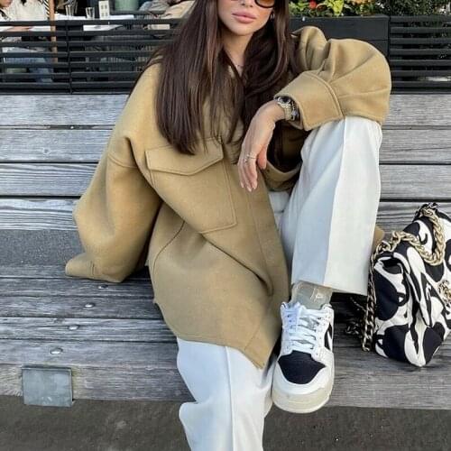 2021 Fashion Oversized Single-breasted Wool Shirt Jacket Womens Chic Pocket Lapel Loose Coat Casual Streetwear Jackets Women