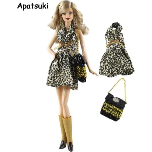 Leopard Fashion Doll Dress For Barbie Doll Clothes Handbag Fashion Outfits For Barbie Dollhouse 1/6 Dolls Accessories Kids Toy