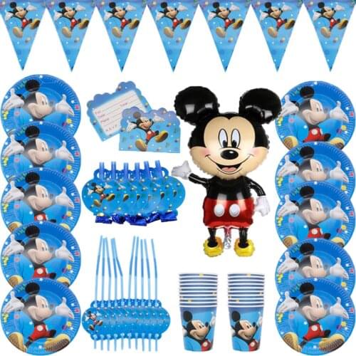 Mickey Mouse Tableware Set Baby Happy Birthday Day Cartoon Tablecloth Cup Plate Foil 32inch Number Balloon Set Party Decoration