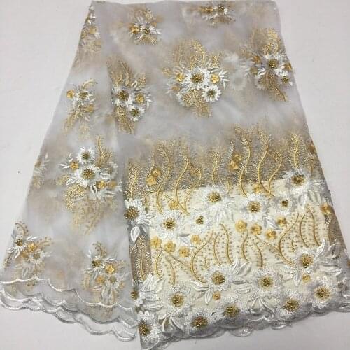 New Beaded French Lace Fabric With Beads African Lace Fabrics 5 Yards Wholesale Flower Nigerian Lace Fabric For Wedding Dresses