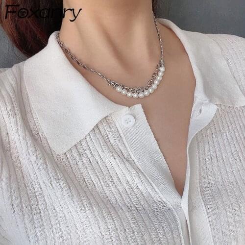 FOXANRY 925 Sterling Silver Clavicle Chain Necklace for Women Trendy Elegant Sweet Pearls Double Layer Tassel Girl Party Jewelry