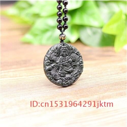 Gifts Men Amulet Black Natural Obsidian Necklace Pendant Jewelry Green Accessories Hand-Carved Guanyin Charm Jade Chinese Dragon