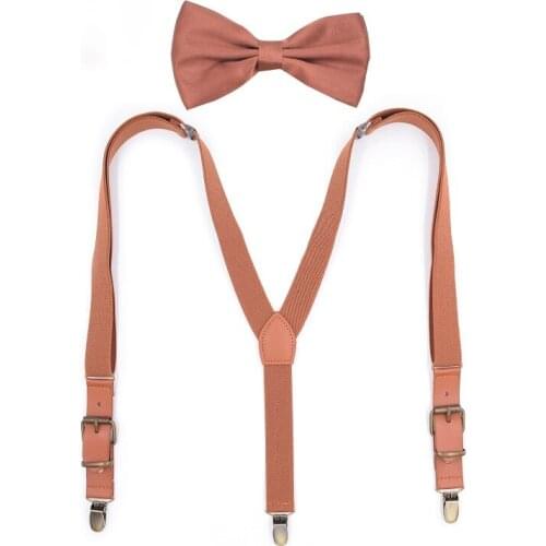 Unisex Vintage Suspenders Bow Tie Set Women Man Adjustable PU Leather Suspenders Braces Clip-on Trousers Ties Accessories