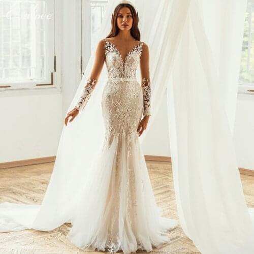 EVALOVE Luxury Scoop Neck Beading Bride Mermaid Wedding Dresses Gorgeous Brush Train Appliques Long Sleeve Trumpet Bridal Gown