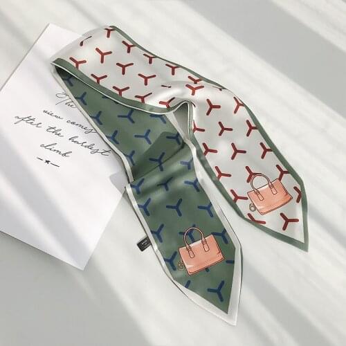 Luxury Twill Emulation Silk Small Women Fashion Head Bag Scarf Flower Print Hair Handle Tie Multifunction Hand Ribbon Scarf
