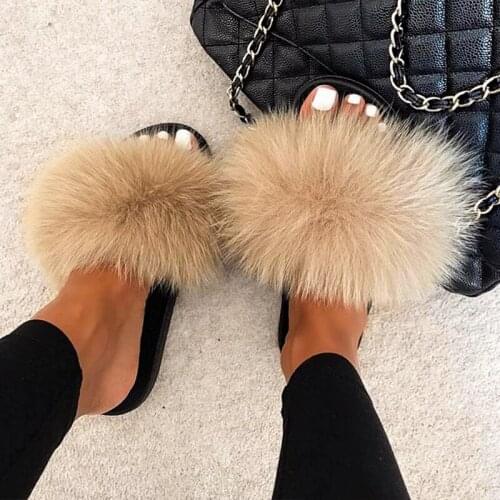 ETHEL ANERSON Real Raccoon Fur Slippers Plus Fox Fur Indoor Outdoor Slides Good Quality Flip Flops Holiday Sandals Cute Shoes