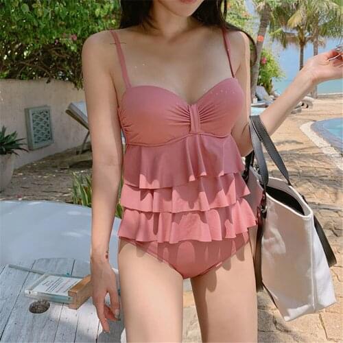 Ruffle One Piece Swimsuit Women Solid Swimwear Open Back Monokini Push Up Swim Suit Flounce Trikini Pad Bathing Suit Korea Style