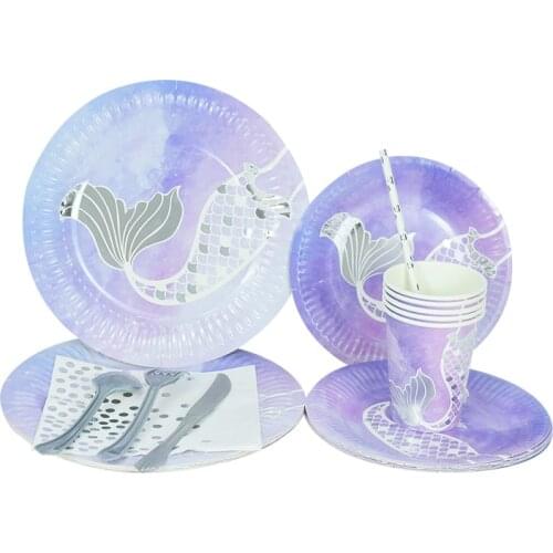 Mermaid Theme Party Disposable Tableware Paper Plates Cup Baby Shower Decoration Kids Birthday Party Supplies Mermaid Tail