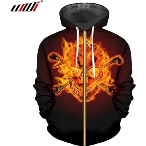 UJWI Street Style Zip Hoodies Mens Green Flame Skulls Man Zipper Coat 3D Printed Trend High Quality Clothing Supplier