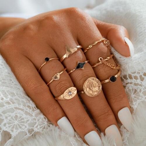 HuaTang Vintage Portrait Coin Rings Set for Women Geometric Crystal Sun Heart Knuckle Rings Female Party Finger Jewelry Anillos