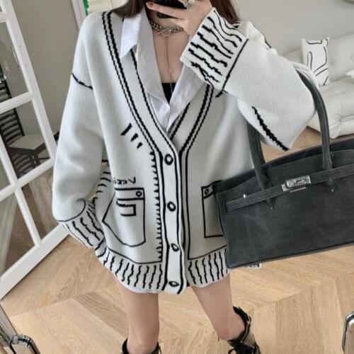 Gilet Femme Manche Longue 2021 Autumn Women Clothes Vintage White Knitted Cardigan Coat V-neck Loose Korean Sueter Jacket Female