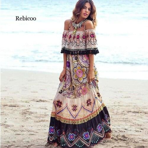 Bohemian Style Womens Summer Long Dresses Vintage Print Off Shoulder Sexy Beach Female Dress Loose Tassel Big Swing Dress