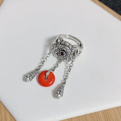 National standard 990 pure silver ancient style national tide ring, bat safe buckle and tassel index finger ring for women