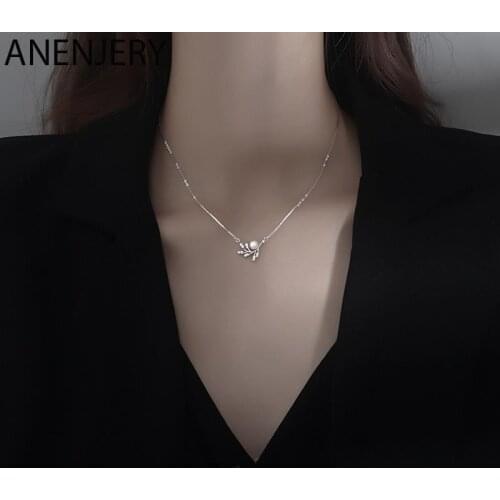 ANENJERY 925 Sterling Silver Pearl Zircon Leaf Necklace For Women Simple Handmade Clavicle Chain Party Jewelry