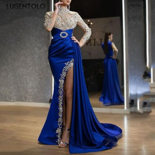 Party Dress Women Slim Long Sleeve O-neck Dinner Dresses Blue Sequin Big Swing Sexy Mesh Ladies Long Dress Lugentolo