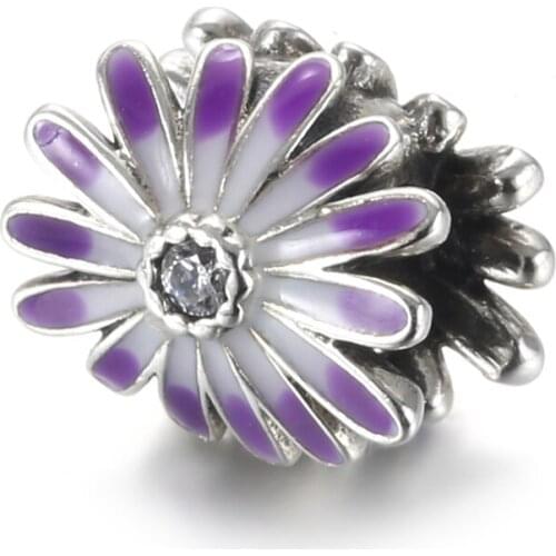 Authentic S925 Silver Charm Purple Daisy Bead for Women Bracelet Bangle DIY Jewelry Girl Gift
