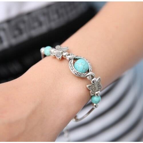Ethnic Style Bracelet For Women Natural Turquoise Carved Butterfly Pendant Bohemian Womens Bracelet Jewelry