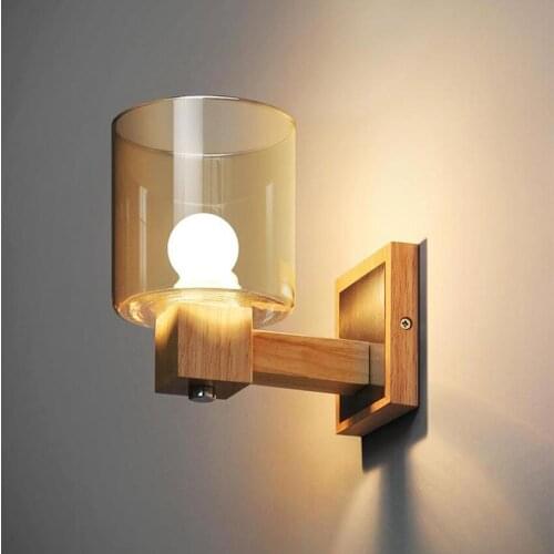 Wood Wall Lamp Vintage Glass Cover Night Indoor Corridor Light Lighting Home Bedroom Bedside Sconce Wall Lights Wall Lights