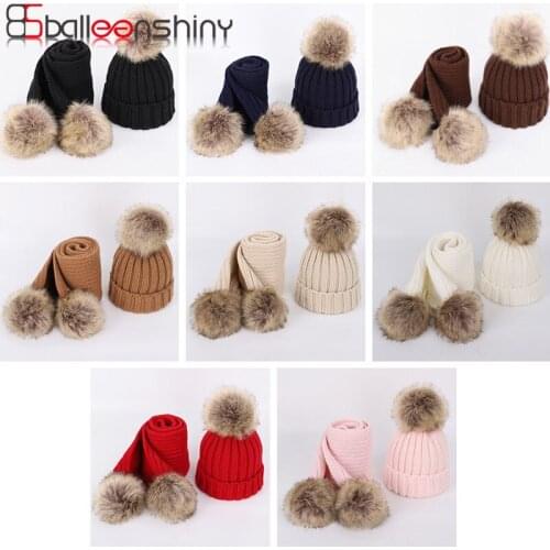 Balleenshiny Kids Hats and Scarves Sets Winter Knitted Warm Nature Fur Pom Pom Hat Scarf Thick Beanies Hats Caps Kids Baby Bones
